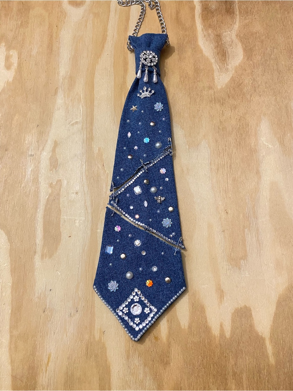 Handmade Embellished Dark Blue Denim Necktie Necklace 15”